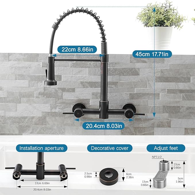 AIMADI Oil Rubbed Bronze Kitchen Faucet Wall Mount 8 Inch Center,Commercial Spring Kitchen Sink Faucet with Pull Down Sprayer,Dual Handle Farmhouse Contemporary