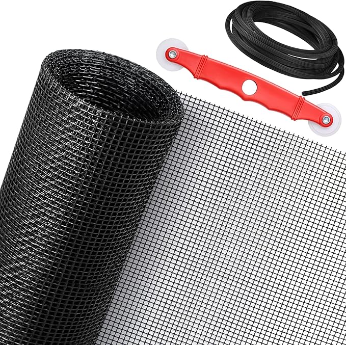 Window Screen Replacement Kit, 48'' x 99'' Fiberglass Screen Mesh with Rolling Tool and Screen Retainer Spline, DIY Adjustable Screen Door Mesh for Window, Door and Patio, Black