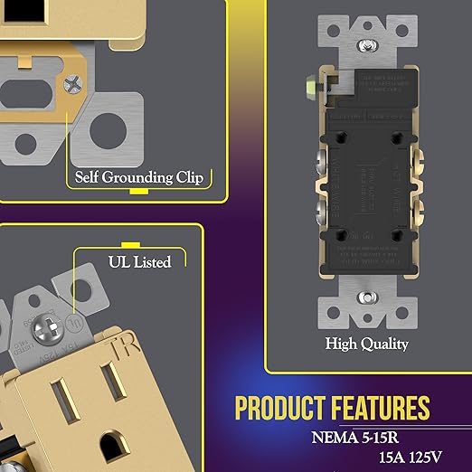 ENERLITES Elite Series Decorator Receptacle Outlet Child Safe Tamper-Resistant, Gloss Finish, Self-Grounding, 2-Pole, Residential Grade, 15A 125V, UL Listed, 61501-TR-GD-10PCS, Gold (10 Pack)