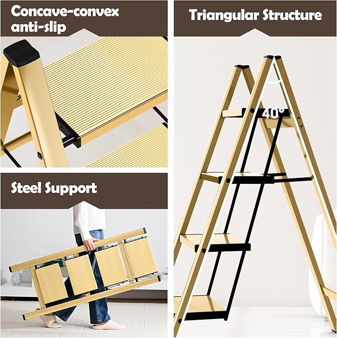Taranta 4 Step Ladder,Aluminum Lightweight Folding 4 Step Stool with Anti-Slip Wide Pedal,330lbs Capacity Step Ladder for Household,Kitchen,Office - Gold