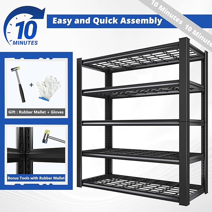 REIBII 3010LBS Storage Shelves 72" H Garage Shelving Heavy Duty Metal Shelving 5 Tier Adjustable Metal Shelves for Storage for Kitchen Pantry Warehouse Basement 72" H x 35.5" W x 16" D, Black