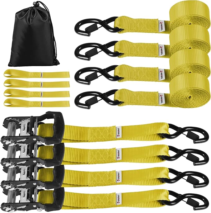 Truck Bed Tie Down Straps Ratchet Set 4 PK 15'x1.5 Inch 4400 lbs Load Rack Roof Car Accessories Heavy Duty Cargo Straps Ratching for Kayak,Moving Furniture,Boat,Trailer,Mattress Tie Downs Rope Yellow