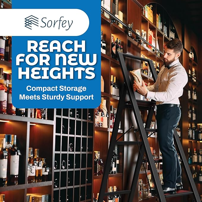 Step Ladder 4 Step Folding, Decorative - Beautiful Mahogany & Black Aluminum, Ultra Slim Profile, Anti Slip Steps, Sturdy-Portable for Home, Office, Kitchen, Photography Use,by SORFEY