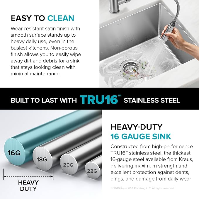 KRAUS Standart PRO 28-inch 16 Gauge Undermount Single Bowl Stainless Steel Kitchen Sink, KHU100-28