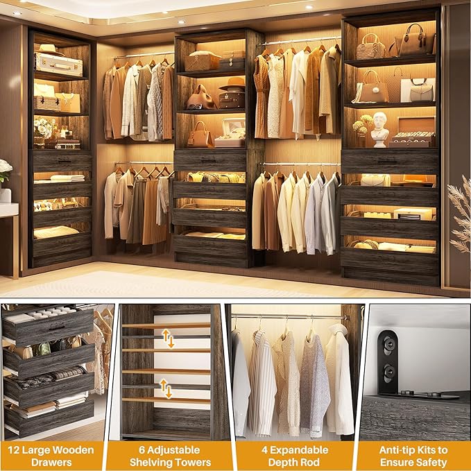 Aheaplus Closet System with 12 Drawers, 8.5-11.5Ft Wood Closet Organizer System with 4 Hanging Rods & 3 Towers, 4Ft & 6Ft L-Shaped Walk-in Closets Wardrobe Organizer Clothes Rack, Set of 3, Black Oak