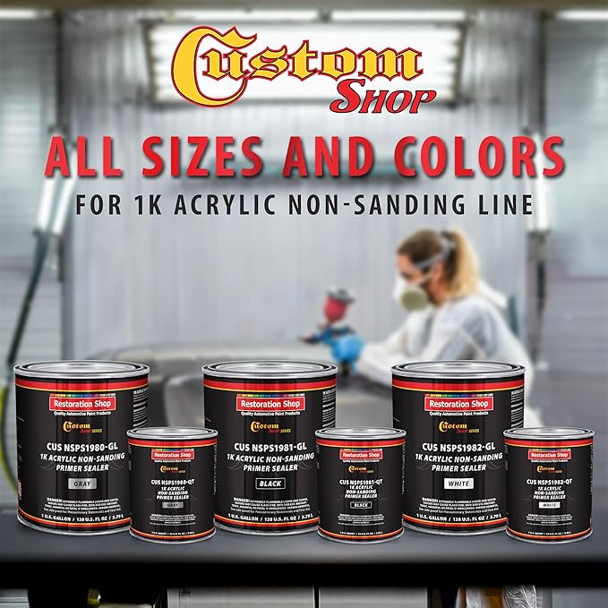 Custom Shop Premium 1K Acrylic Non-Sanding Primer Sealer Paint, Color White, 1 Gallon - Fast Drying, Ready-To-Spray, Apply Over Automotive Primer Surfacers, Sanded Finishes - Topcoat Urethane, Enamel