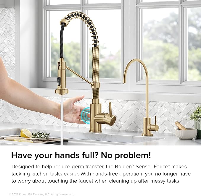 KRAUS Bolden Touchless Sensor Commercial Style 2-Function Single Handle Pull Down Kitchen Faucet in Spot-Free Brushed Brass, KSF-1610BB