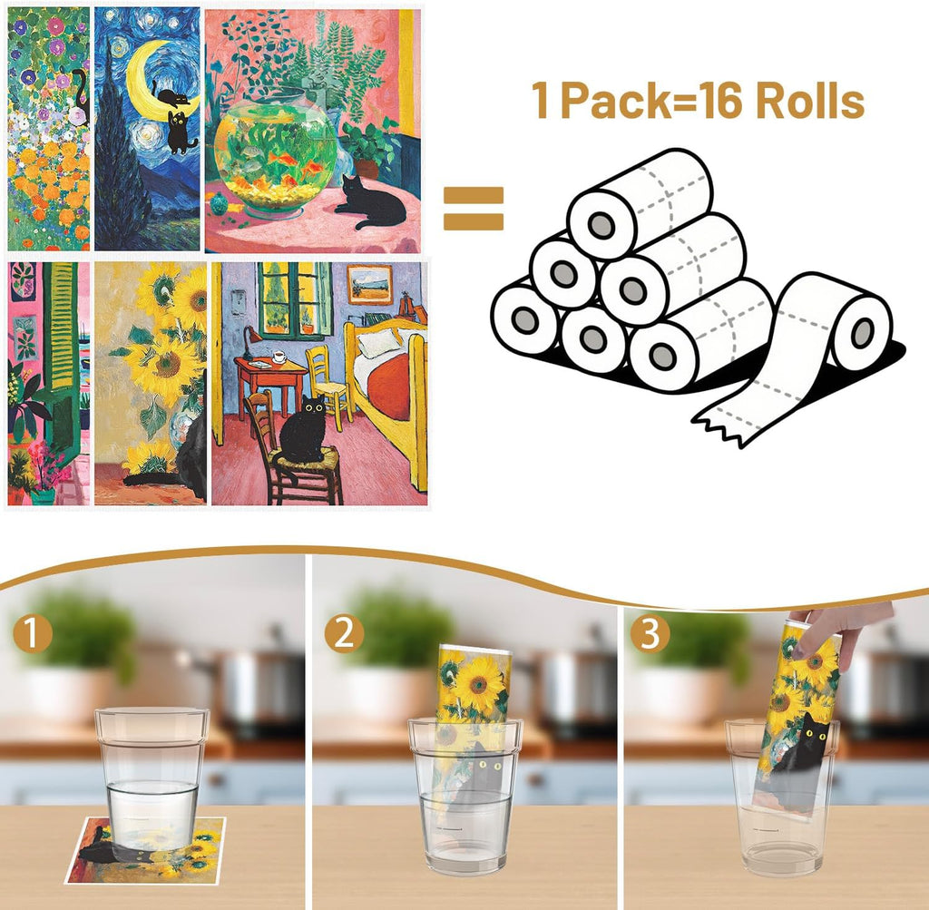 Oil Painting Swedish Dishcloths for Kitchen, 6 Pack Black Cat Wall Art Reusable Paper Towels Washable, Absorbent Dish Rags for Washing Dishes Housewarming Gifts