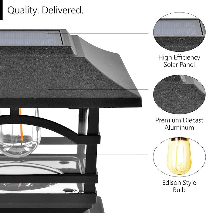 Davinci Lighting Edison Solar Outdoor Post Cap Lights - 4x4 5x5 6x6 - Bright LED Light for Fence Deck Garden or Patio Posts - Slate Black (2 Pack)