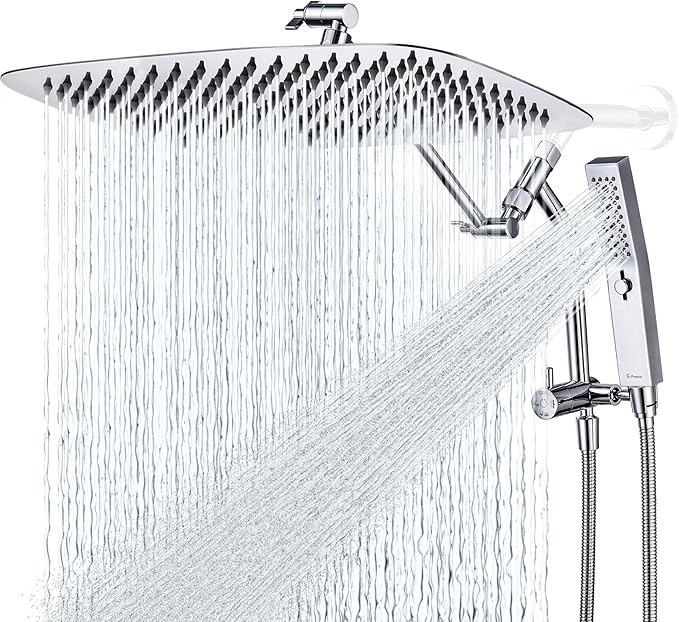 G-Promise All Metal 16 Inch Shower Head with Massage Mode Handheld, Rain Shower Head with Handheld Spray Combo, 3-Way Diverter with Pause Setting, 12 Inch Adjustable Extension Arm (Chrome)