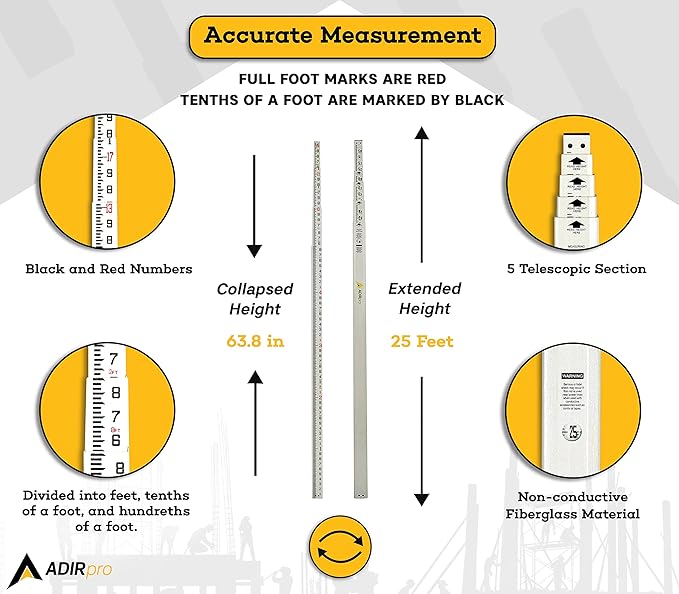 AdirPro 25-Foot Fiberglass Grade Rod – 10ths, 6-Section Telescoping Rectangular Leveling Rod – Non Glare and Corrosion Resistant – Heavy Duty Carrying Case Included
