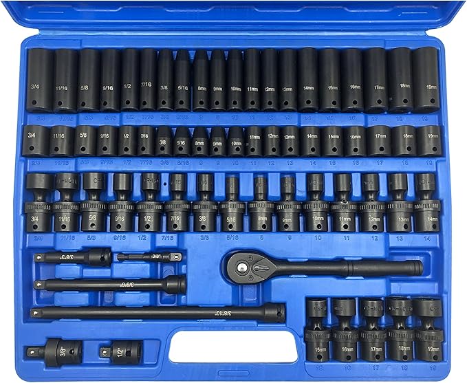 MacWork 67 Pieces 3/8“ Drive Impact Socket Set, SAE and Metric Sockets, CR-V & CR-Mo, Complete Socket Set with Shallow, Deep & Swivel Sockets, Includes Ratchet, Extension Bars & Adapters