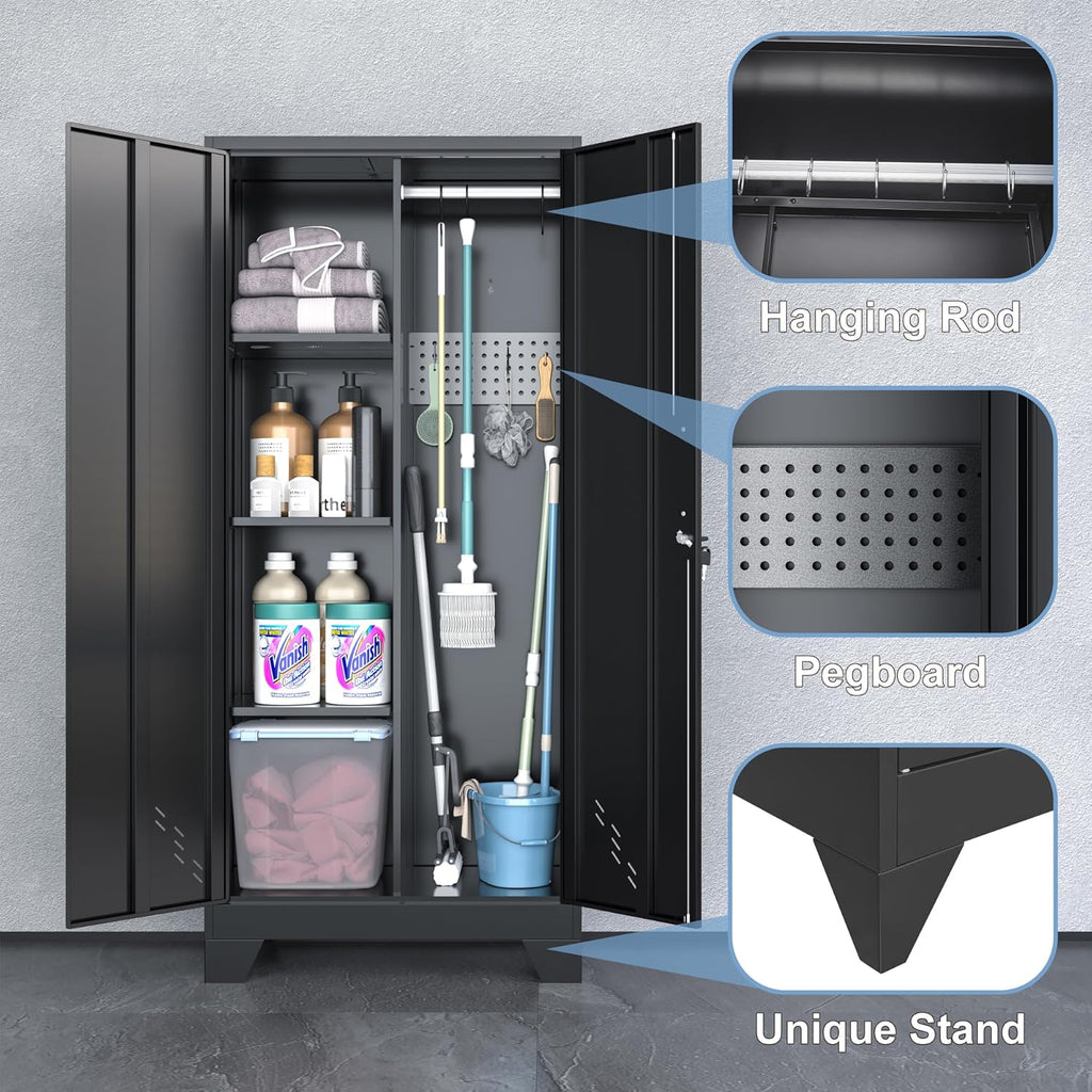 Metal Storage Cabinet with Locking Doors, 61" Tall Garage with Hanging Rod, Broom Closet, Freestanding Bathroom Storage Cabinet, Cleaning Tool,Black