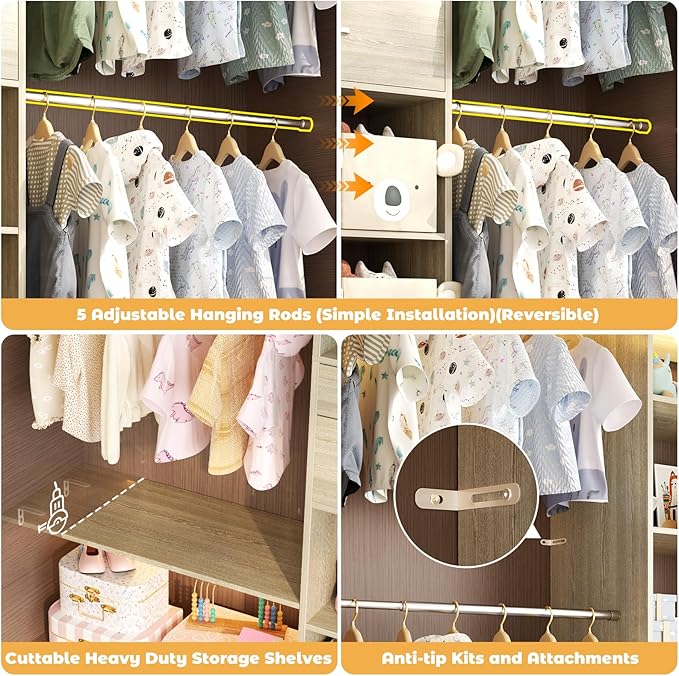 Closet System - 4.75-8FT Closet Organizer System with Wooden Drawers & Cube Storage Organizer, Up To 96" Closet Systems for Nursery & Walk-In Closets with Cuttable Hanging Shelving, Greige Oak