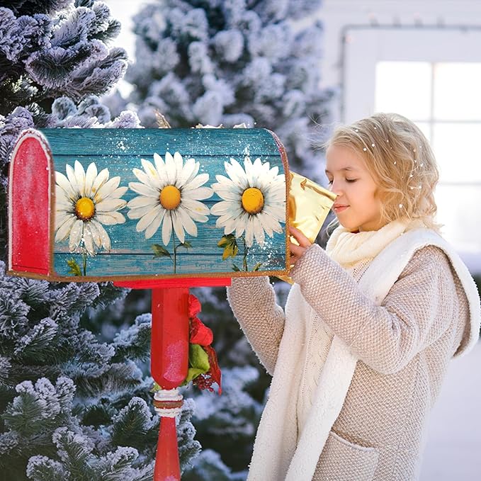 Spring Daisy Rustic Blue Wood Board Mailbox Covers Magnetic Standard Size 21x18 Inch Vintage Floral Summer Waterproof Mail Box Wraps Post Letter Box Covers Garden Yard Outdoor Decor