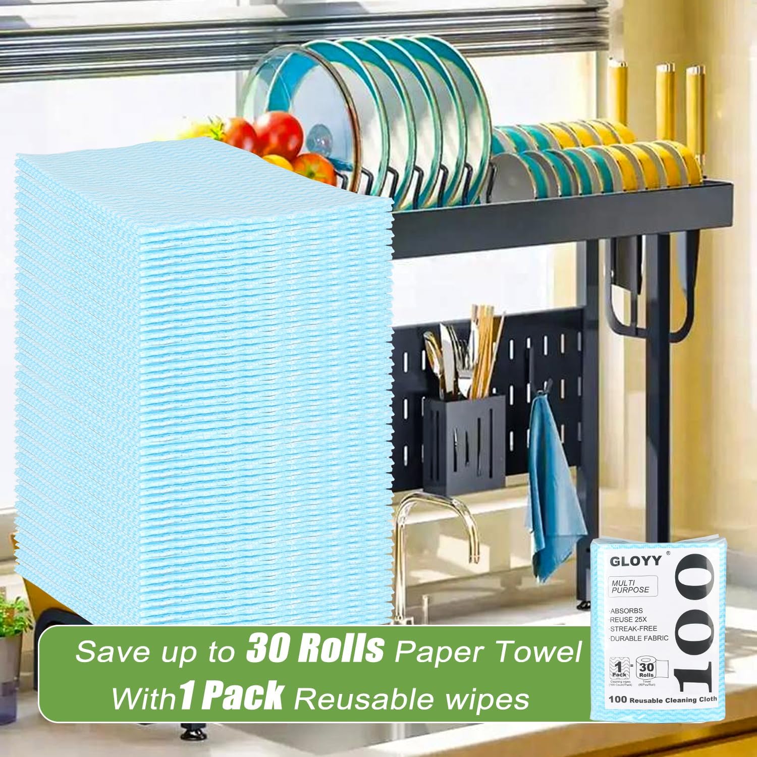 Disposable Dish Cloth and Cleaning Handi Wipes, 100ct, Multi-Use Rags for Kitchen, Bathroom and Windows, Blue