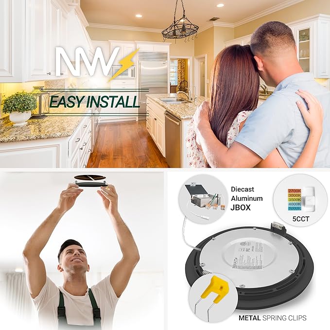 NUWATT Black 4 Inch Gimbal LED Recessed Lighting, 2700K/3000K/3500K/4000K/5000K Selectable, 630LM, Dimmable, Damp Rated, Adjustable Lens Canless Lights for Sloped Ceiling, Metal Junction Box, 6 Pack