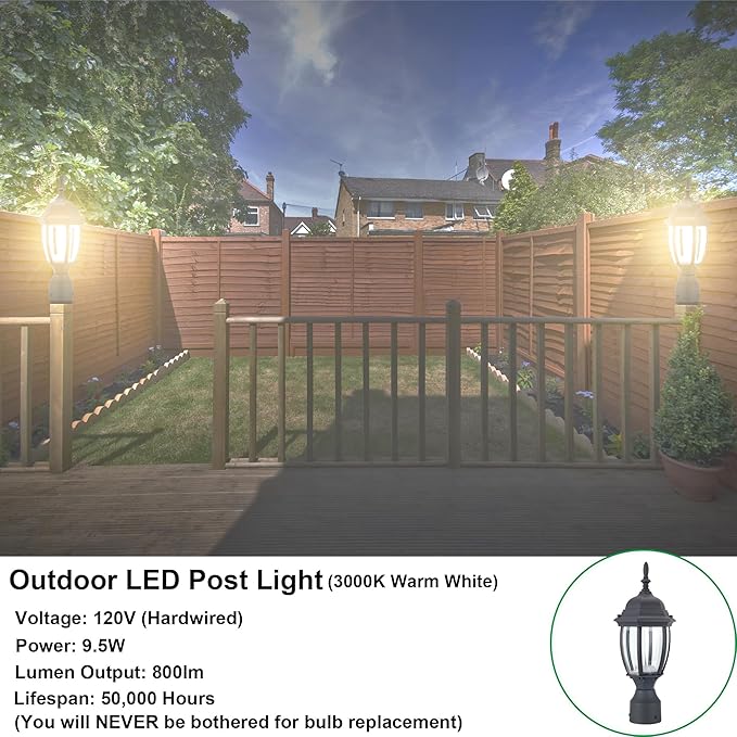 LIT-PaTH LED Outdoor Post Lighting Fixture, Pole Lantern, 9.5W 800 Lumens, 3000K Warm White, Aluminum Housing Plus Glass, Matte Black Finish, 1-Pack