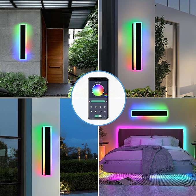 MELUCEE 2 Packs 24in Long Outdoor RGB LED Wall Lights, 5.1in Wide Exterior Wall Light Fixtures Black Dimmable Long Strip Wall Sconce with Remote Control for House Garage Patio Porch, IP65 Waterproof