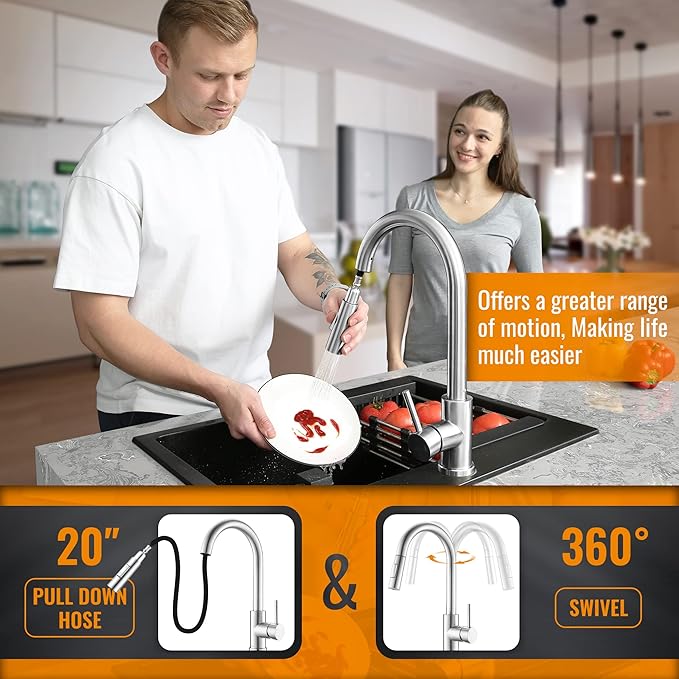 APPASO Kitchen Faucet with Pull Down Brushed Nickel, Single-Handle High Arc Swan-Neck Modern Kitchen Sink Faucet with Optional Deck Plate Stainless Steel