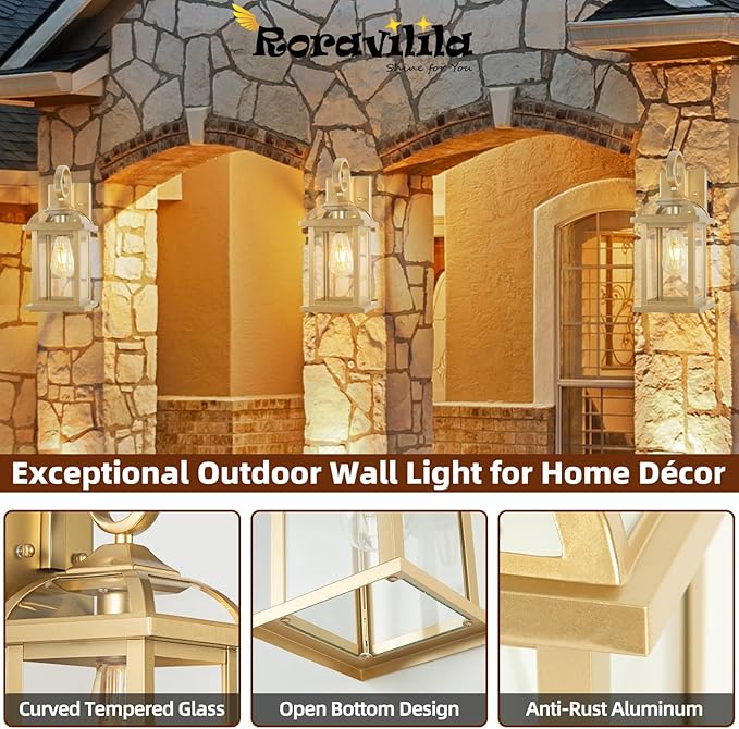 Gold Outdoor Wall Lights 2-Pack 15 Inch, Aluminum Anti-Rust Large Exterior Porch Wall Lanterns with IP65 Waterproof Clear Glass Brass Outdoor Lights Wall Mount Exterior Lights for House