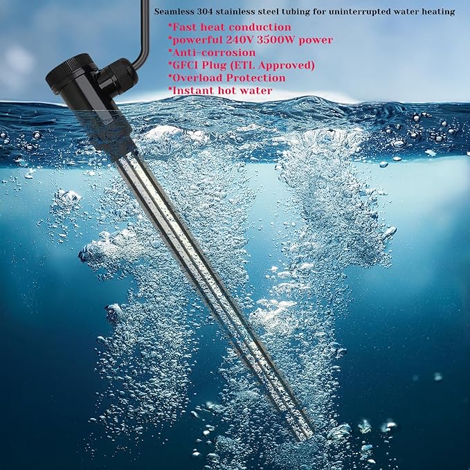 3500W Immersion Water Heater Portable Electric Large Swimming Pool & Hot Tub Fully Submersible Water Heater with Thermostat, GFCI Leakage Protection for Bathtub, baptismal pool,inground pool