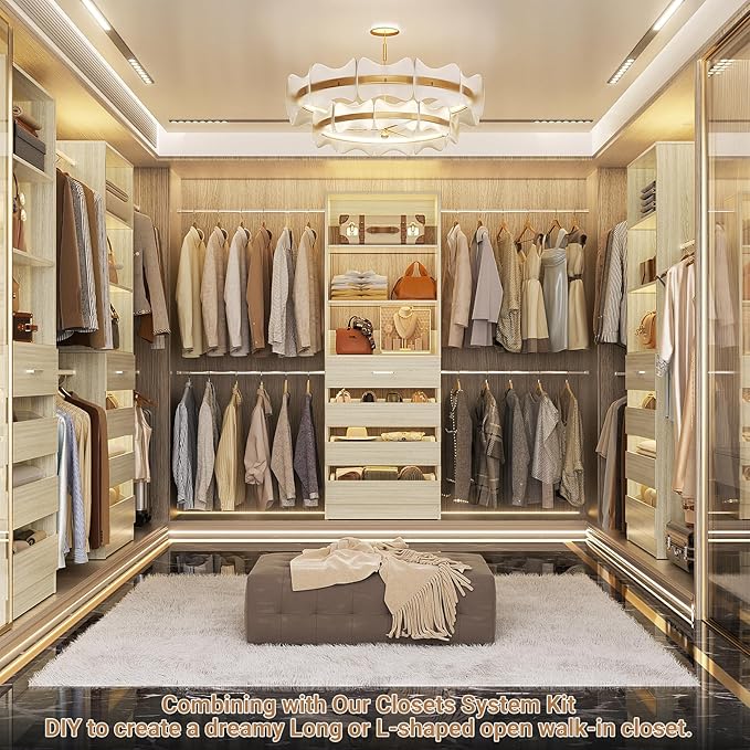 Aheaplus 4-9Ft Closet System, Closet Organizer with 4 Wooden Drawers, Wood Closet Organizer System with Tower, Walk-in Closet Organizer Wardrobe and Storage with 4 Hanging Rods, White Oak