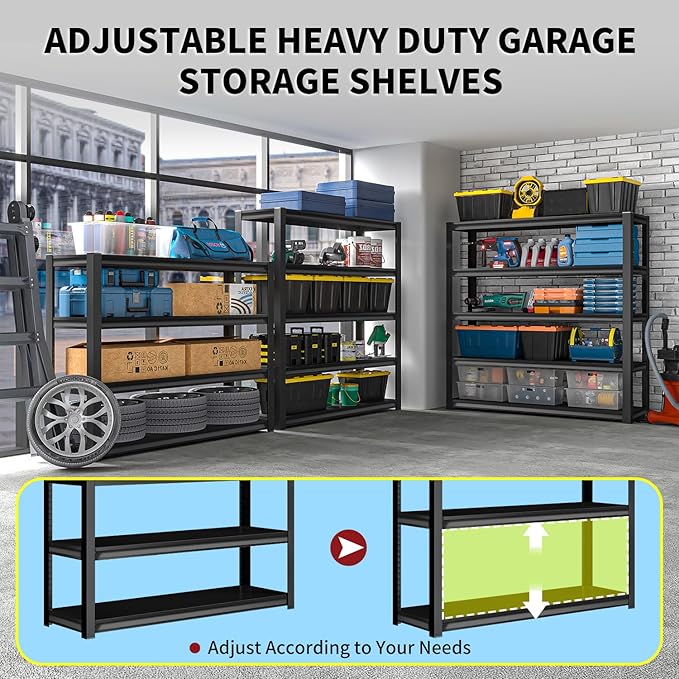 Shelving Units and Storage, 3000LBS Garage Storage Shelves, 5 Tier Shelving Unit, Steel Industrial Shelving, Adjustable Standing Shelf for Garage, Pantry, Closet 72" H x 47" W x 20" D, Black