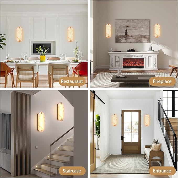 14.17in Alabaster Wall Sconces, Natural Marble Wall Light, Modern LED Alabaster Sconces for Living Room Indoor Wall Lamps for Dining Room Stairs Bedroom,Brushed Gold
