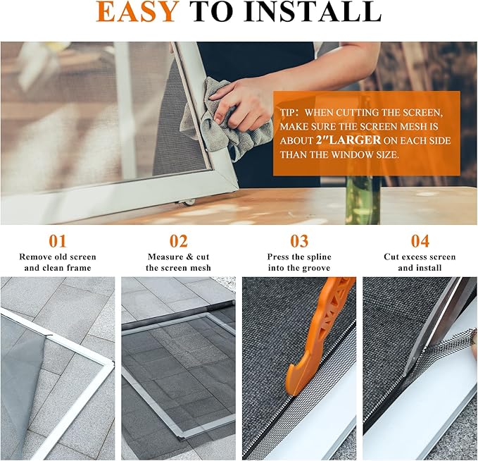 MAGZO Window&Door Screen Replacement Kit, 86" W x 196" L, with Retaining Spline(Total 65.6 FT) and Press-in Installation Tool, Polyester Scratch-Proof, Repair Adjustable Mesh for Windows&Doors, Black