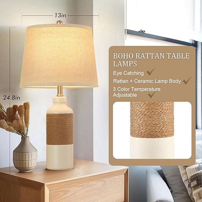 GyroVu Boho Rattan Table Lamp Set of 2, 3 Color Temperature Bedside Lamps, Lamps for Night Stands, Vintage Farmhouse Rattan Table Lamp Antique Lamp for Decoration, Living Room Bedside Table