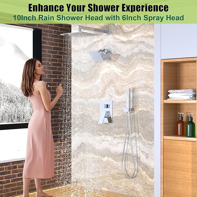 Enga Shower System Dual Shower Heads with 10+6" Dual Rain Shower Head with Handheld Spray for Two People, Wall Mount Shower Faucet Set with Valve Kit, Chrome