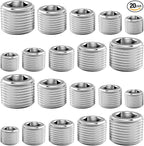 20 Pcs Stainless Steel Pipe Plug Fitting, 5 Sizes 1/8" 1/4" 3/8" 1/2" 3/4" NPT Male Internal Hex Thread Socket Pipe Plug Fitting Assortment Kit