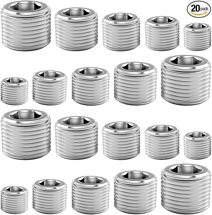 20 Pcs Stainless Steel Pipe Plug Fitting, 5 Sizes 1/8" 1/4" 3/8" 1/2" 3/4" NPT Male Internal Hex Thread Socket Pipe Plug Fitting Assortment Kit