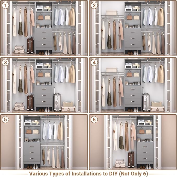 Closet System with Drawer - 8FT Wood Closet Organizer System with 3 Hanging Rods and Shelving Tower, 96" Walk In Closet Organizer Wardrobe, Heavy Duty Garment Rack Clothes Rack, Grey