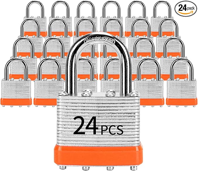 Padlocks with Same Key, LQYN 24 Pcs Laminated Keyed Padlock (1-9/16", 40mm), Keyed Alike Locks, Normal Shackle, for Storage Locker, Hasp Latch, Toolbox, Sheds