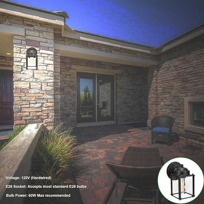 LIT-PaTH Outdoor Wall Lantern, Wall Sconce as Porch Lighting Fixture, E26 Medium Base 60W Max., Aluminum Housing Plus Glass, Bulbs NOT Included, 2-Pack, Bronze Finish