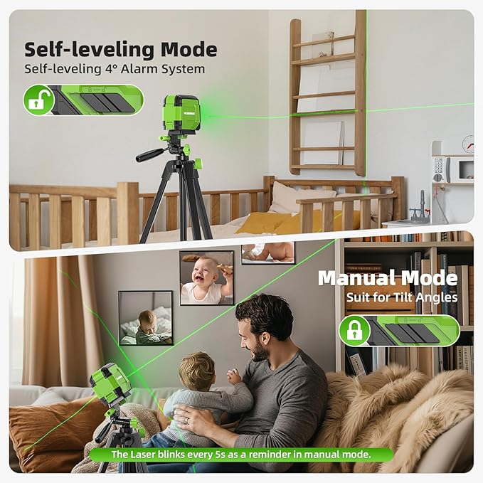 Laser Level with 60in Tripod, HUEPAR 98Ft Self Leveling Laser Level Green Line Laser Cross Line Laser Leveler Tool for Picture Hanging, Tile, Home Renovation, Indoor Project, Battery&Goggles Included