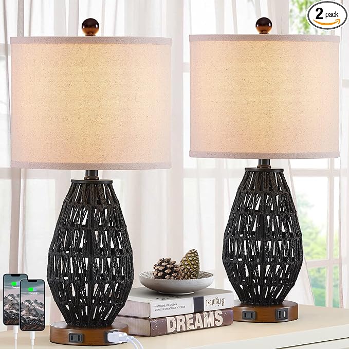Touch Control Rattan Table Lamps, 3 Way Dimmable Bedside Lamps for Bedroom Set of 2 with 2 USB Ports and AC Outlet, Black Wicker Nightstand Lamps for Living Room (LED Bulbs Included)