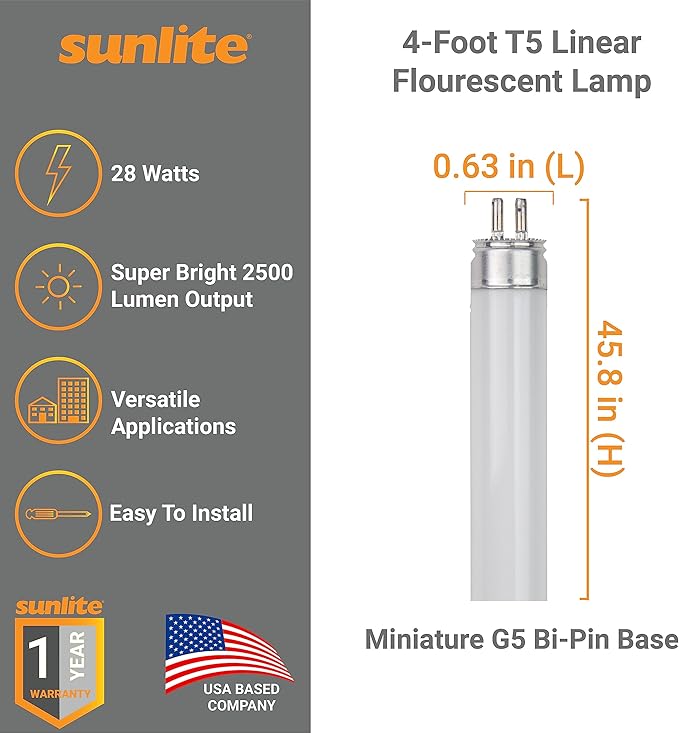 Sunlite 30345 F28T5/865 4 Foot T5 Linear Fluorescent Lamp, 28 Watts, 2500 Lumens, 6500K Daylight, Miniature G5 Bi-Pin Base, ROHS Compliant, High Performance Straight Tube, 40 Pack
