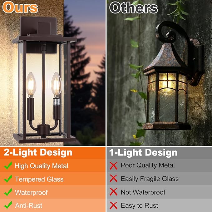 2-Pack 16" Large Outdoor Wall Light Fixtures, 2-Light Exterior Front Porch Light, Brushed Outdoor Sconce Lights, Waterproof Farmhouse Lamp Lighting (Bronze, 16in No Sensor)