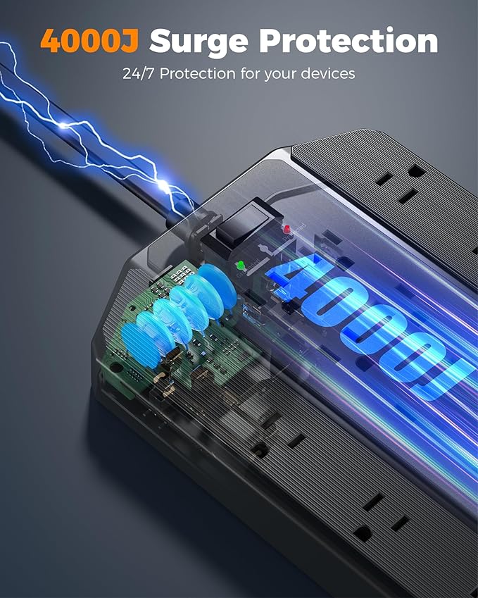 4000J Surge Protector Power Strip, TESSAN 22 Outlets Heavy Duty Extension Cord with 4 USB Ports (2 USB C), 1875W, 15A, Flat Plug, Charging Station for Home, Office, Gaming Room, PC, Dorm, Black