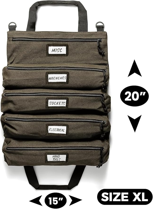Official Voyager Tool Roll Bag - Easy to Carry 5-Pocket Roll Up Tool Bag - Durable 20oz Canvas, Rust-Proof YKK Zippers & Secure Buckle - A Gift for Dads, Mechanics, Electricians & Hobbyists| ArmyGreen