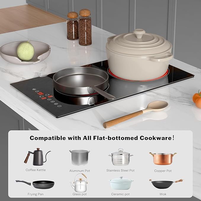 Empava 3000W Cooktop 2 Burner, Built in Infrared Electrical Stove Top for Kitchen 208~240V Hard Wired, No Plug, ETL Certified, Black, 12 Inch Radiant