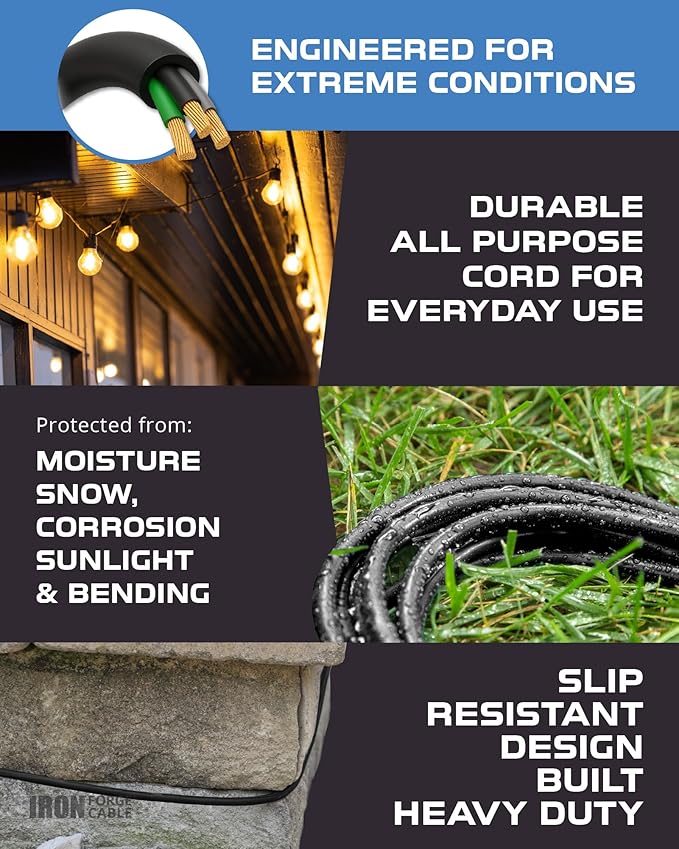 Iron Forge Cable 75 Ft Black Extension Cord with 3 Outlets - 16/3 SJTW 75 Foot Extension Cord 3 Prong, Weatherproof Exterior Power Cable for Outdoor
