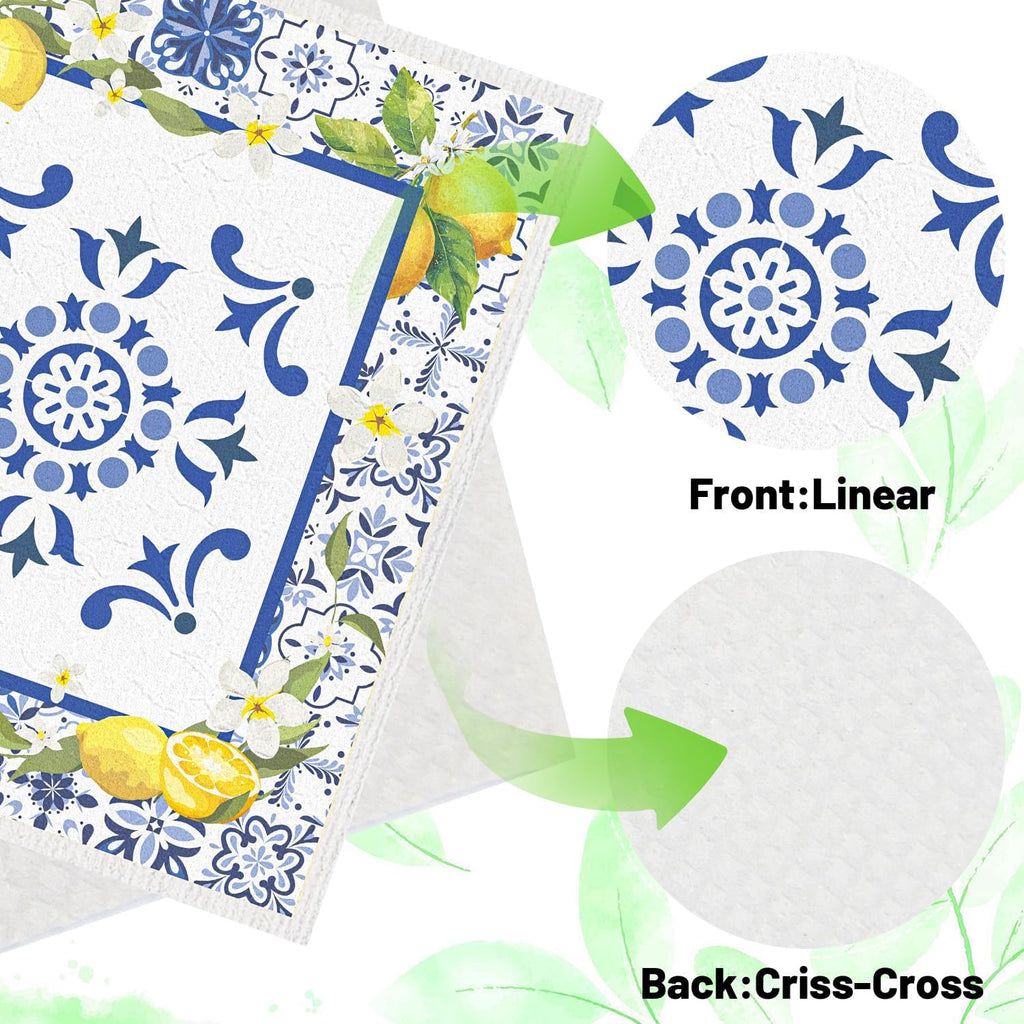 Blue Tiles Lemons Swedish Dishcloths, 6 Pack Reusable Swedish Dish Cloths for Kitchen, Washable Absorbent Dish Towel Rag Set Cellulose Sponge Cloths Housewarming Gifts