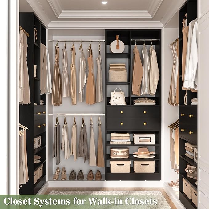 Closet System, 4.2–8.8 FT Closet Organizer with 2 Wooden Drawers and Shelves, Walk-in Closet System with 5 Hang Rods, Built-in Reach in Closet Tower, Can Fit 60 to 96 inch, Black