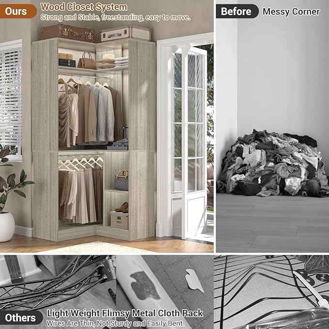 Aheaplus Corner Closet System with Shelves, 34’’ Closet Organizer System with Hanging Rods, Wood Walk-in Closets for Corner Small Space,Freestanding Corner Tower, L Shaped Garment Rack, Black