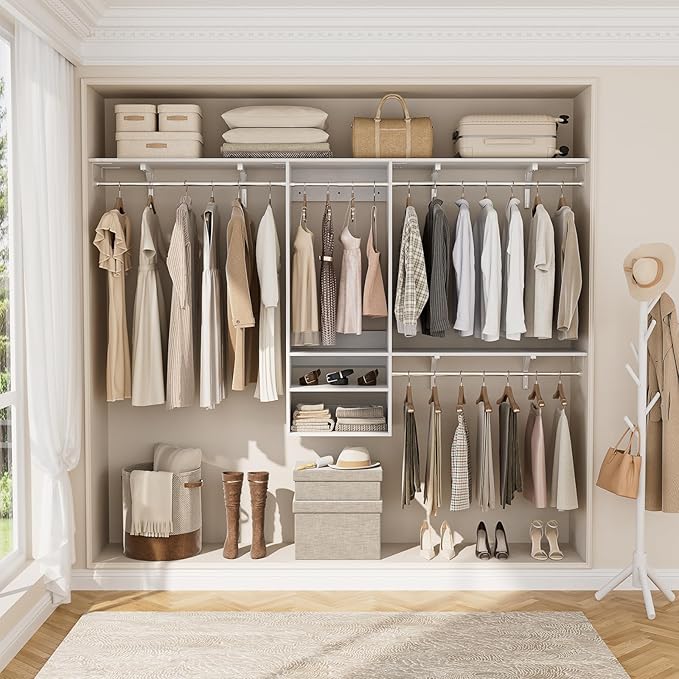 Cyclysio 96 Inch Closet Organizers and Storage, 8 FT Hanging Closet Organizer with 4 Adjustable Rods, Wardrobe Organizers with 3 Shelving Towers for 4-8FT Spaces(Cut-to-Fit), White