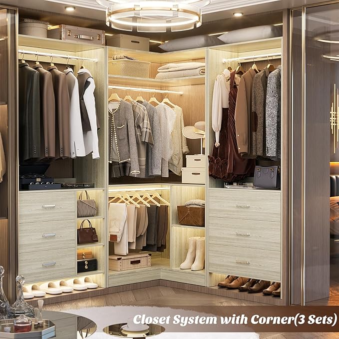 Aheaplus Corner Closet System with Shelves, 34’’ Closet Organizer System with Hanging Rods, Wood Walk-in Closets for Corner Small Space,Freestanding Corner Tower, L Shaped Garment Rack, Black